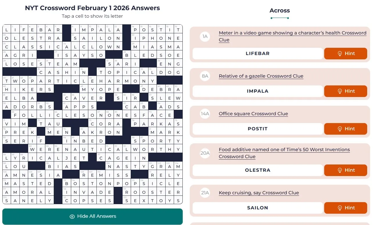 NYT Crossword Answers Feb 1 NYT Crossword Analysis (Feb 1, 2026): Mutated Puns!
