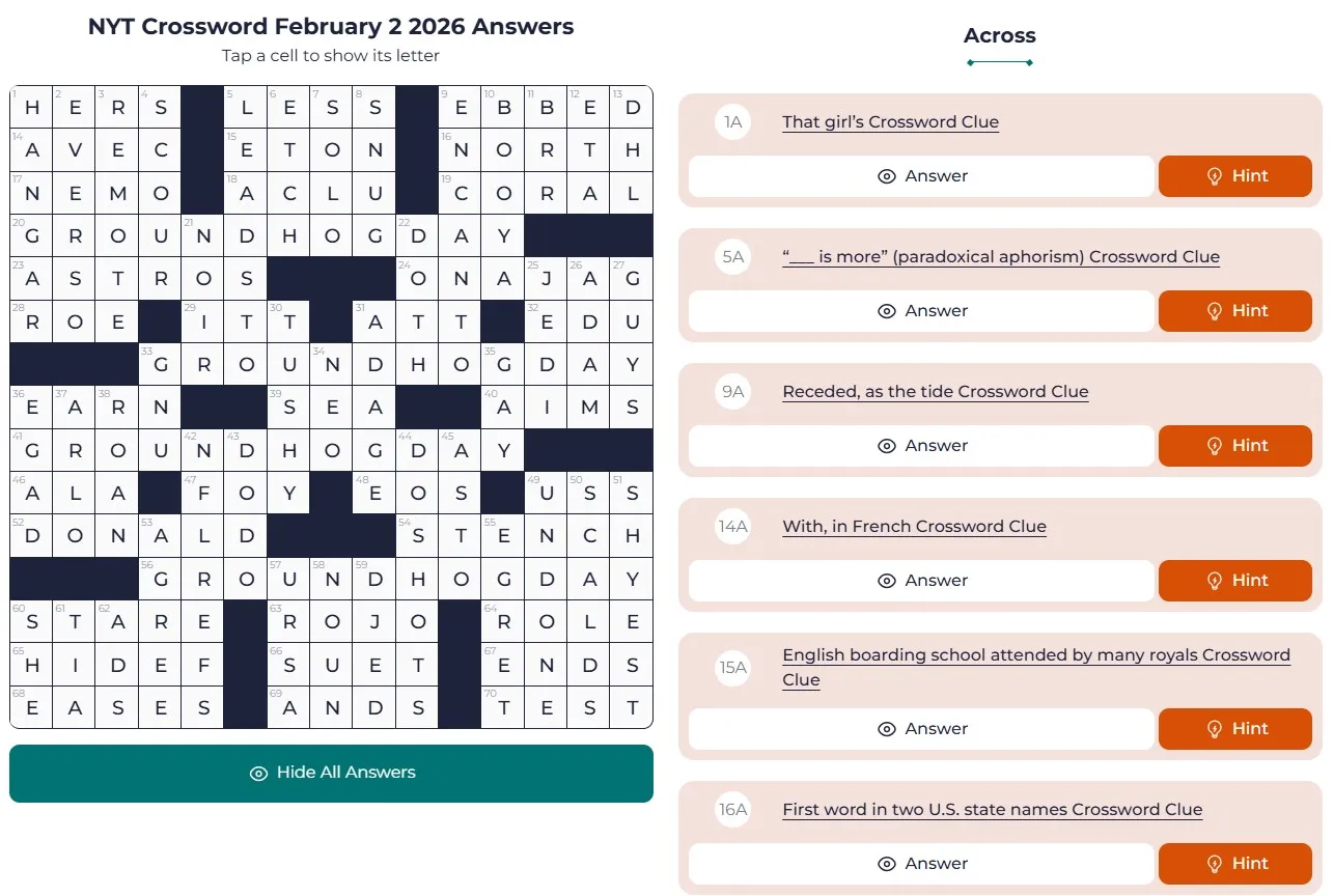 NYT Crossword Answers Feb 2 NYT Crossword Analysis (Feb 2, 2026): Cinematic Loop!
