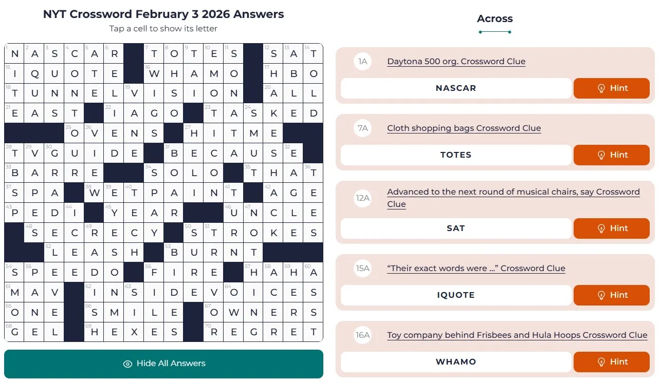 NYT Crossword answers Feb 3 NYT Crossword Analysis (Feb 3, 2026): Using Our Inside Voices!