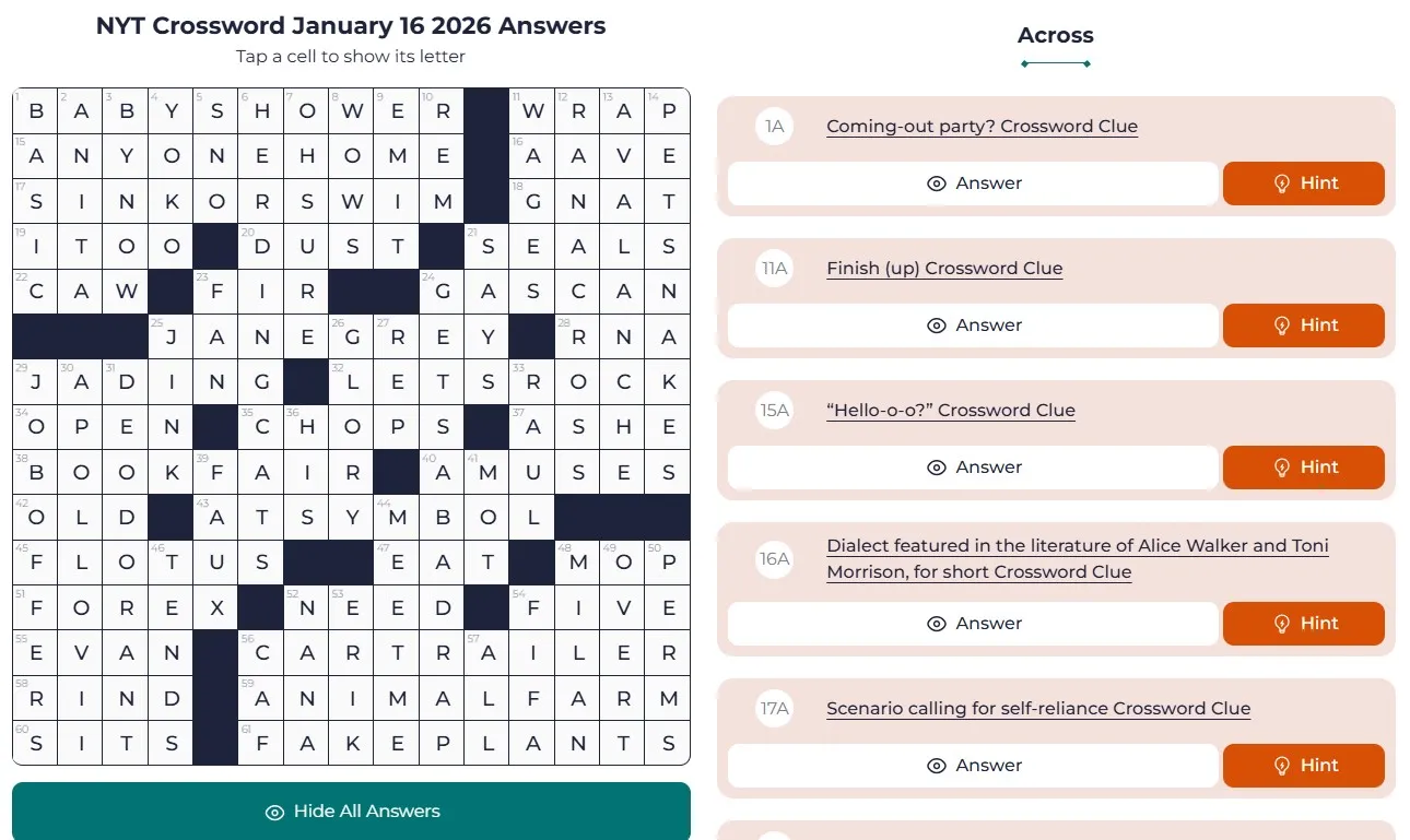 NYT Crossword answers Jan 16 NYT Crossword Analysis (Jan 16, 2026): From Literature to Fun Clues!