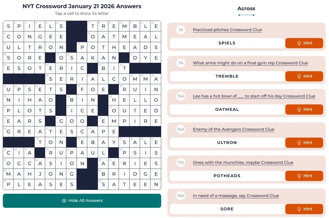 NYT Crossword answers Jan 21 NYT Crossword Analysis (Jan 21, 2026): Similarities and Differences!