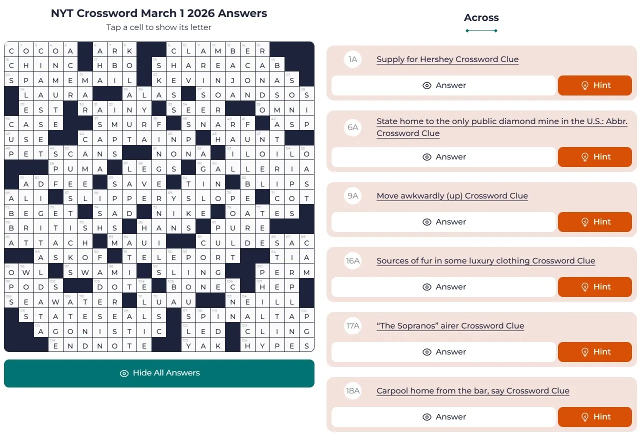 NYT Crossword answers March 1