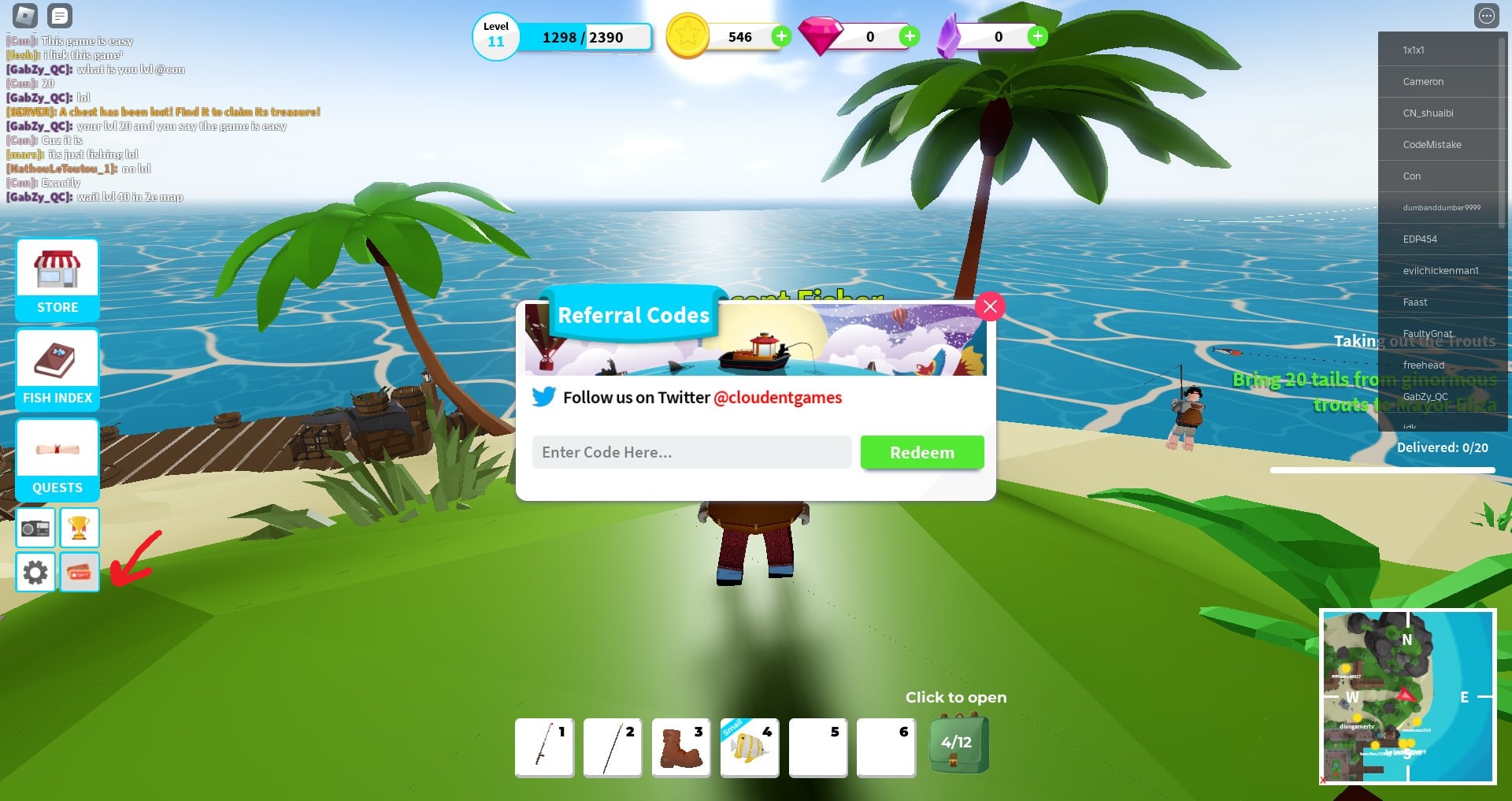 How to redeem codes in the Fishing Simulator game